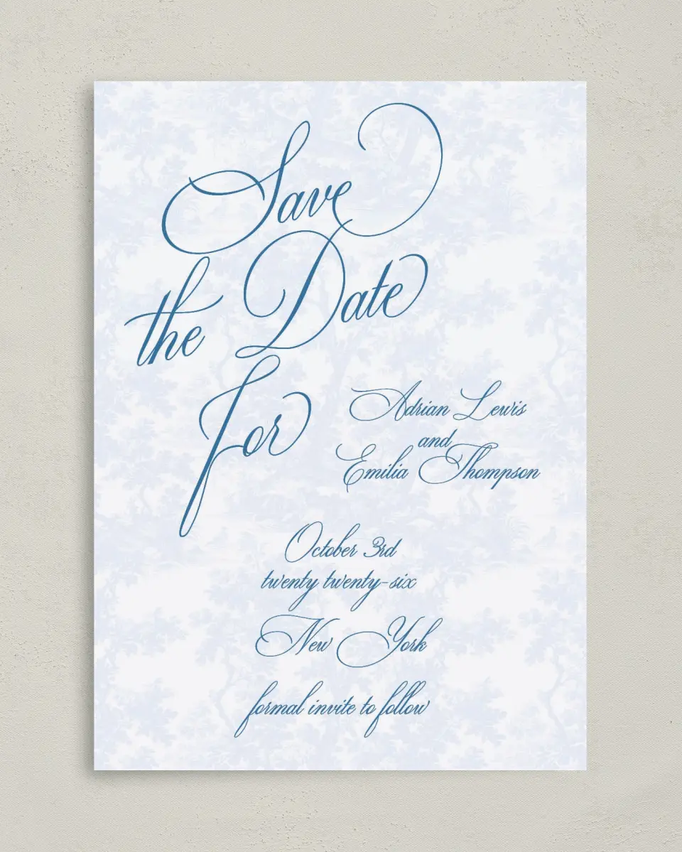 This is a 5" x 7" Save the Date Card called Blue Toile Romance printed in full color on Premium Smooth paper