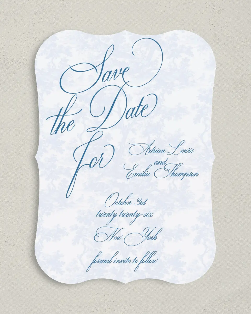 This is a 5" x 7" Save the Date Card called Blue Toile Romance printed in full color on Premium Smooth paper