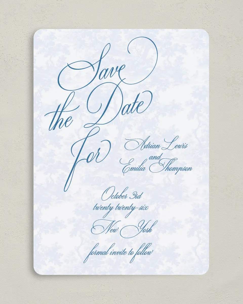 This is a 5" x 7" Save the Date Card called Blue Toile Romance printed in full color on Premium Smooth paper