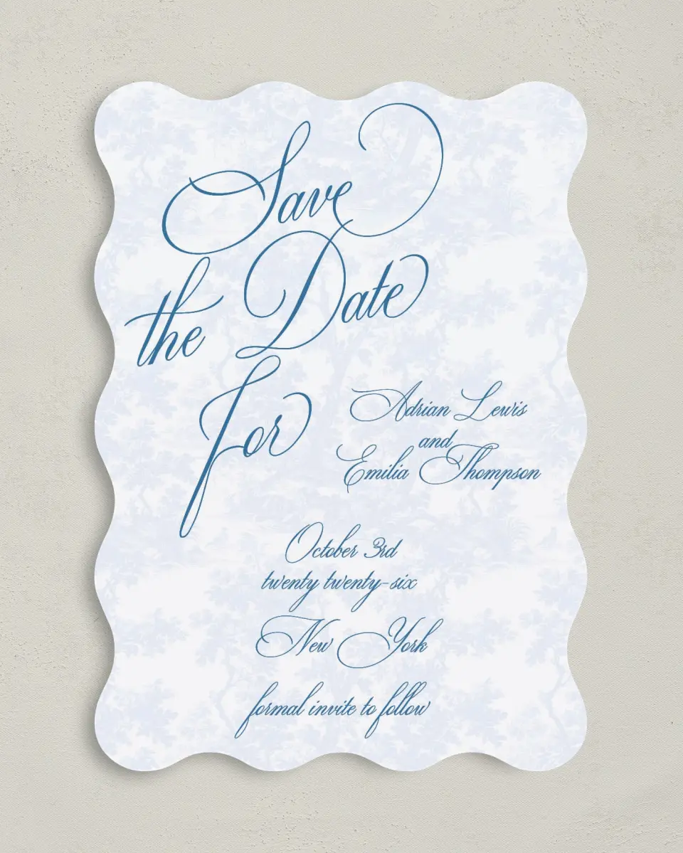 This is a 5" x 7" Save the Date Card called Blue Toile Romance printed in full color on Premium Smooth paper