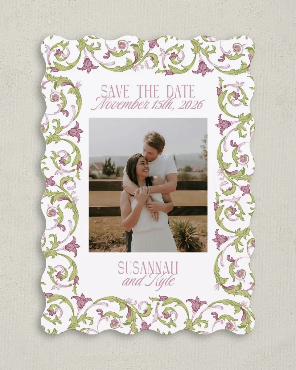 This is a 5" x 7" Save the Date Card called Ornate Garden printed in full color on Premium Smooth paper