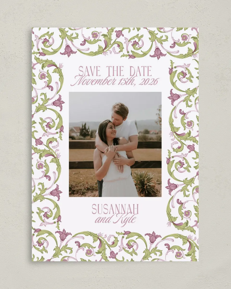 This is a 5" x 7" Save the Date Card called Ornate Garden printed in full color on Premium Smooth paper