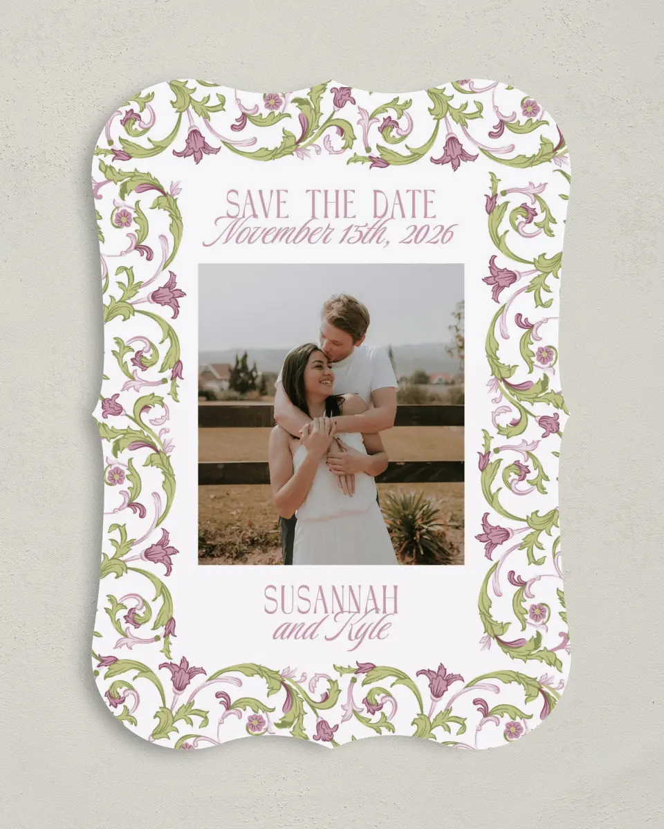 This is a 5" x 7" Save the Date Card called Ornate Garden printed in full color on Premium Smooth paper