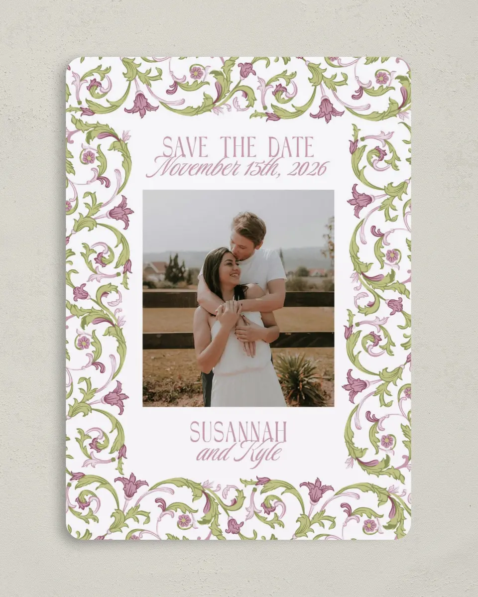 This is a 5" x 7" Save the Date Card called Ornate Garden printed in full color on Premium Smooth paper