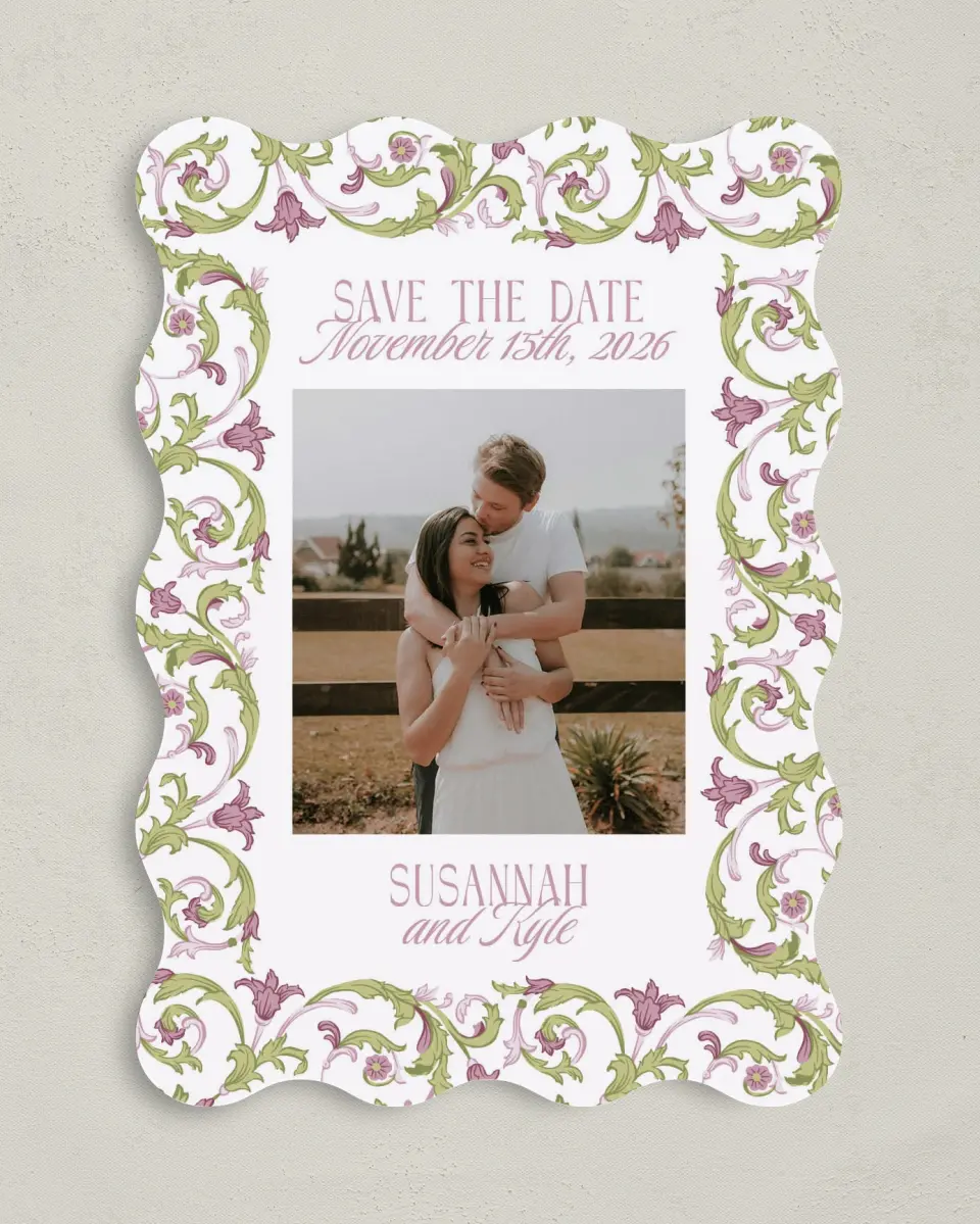 This is a 5" x 7" Save the Date Card called Ornate Garden printed in full color with Silver foil on Luxe Satin (coated) paper