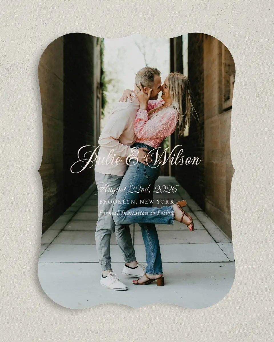 This is a 5" x 7" Save the Date Card called Patterned Love printed in full color on Premium Smooth paper