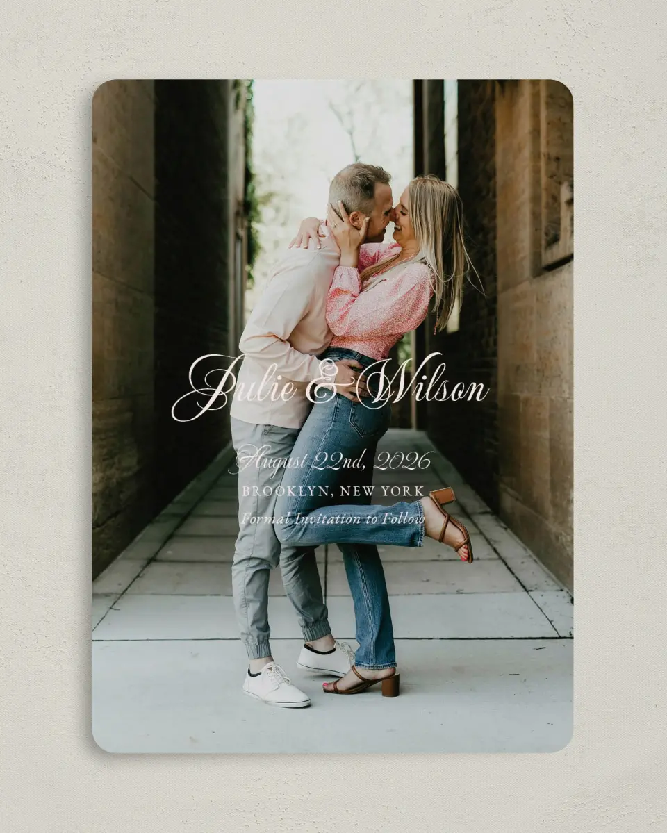 This is a 5" x 7" Save the Date Card called Patterned Love printed in full color on Premium Smooth paper