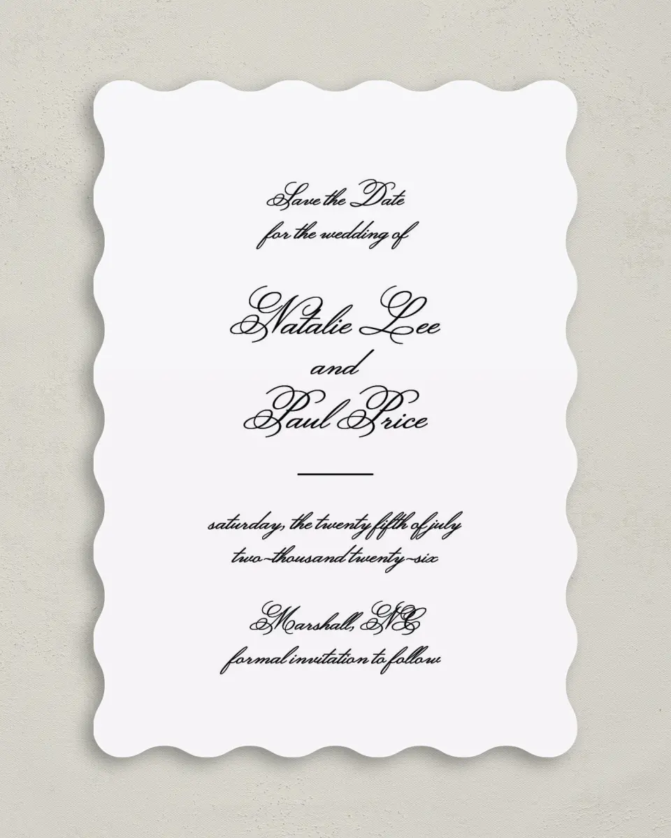 This is a 5" x 7" Save the Date Card called Formal Script printed in full color on Premium Smooth paper
