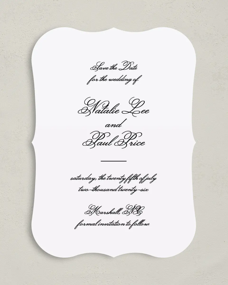 This is a 5" x 7" Save the Date Card called Formal Script printed in full color on Premium Smooth paper