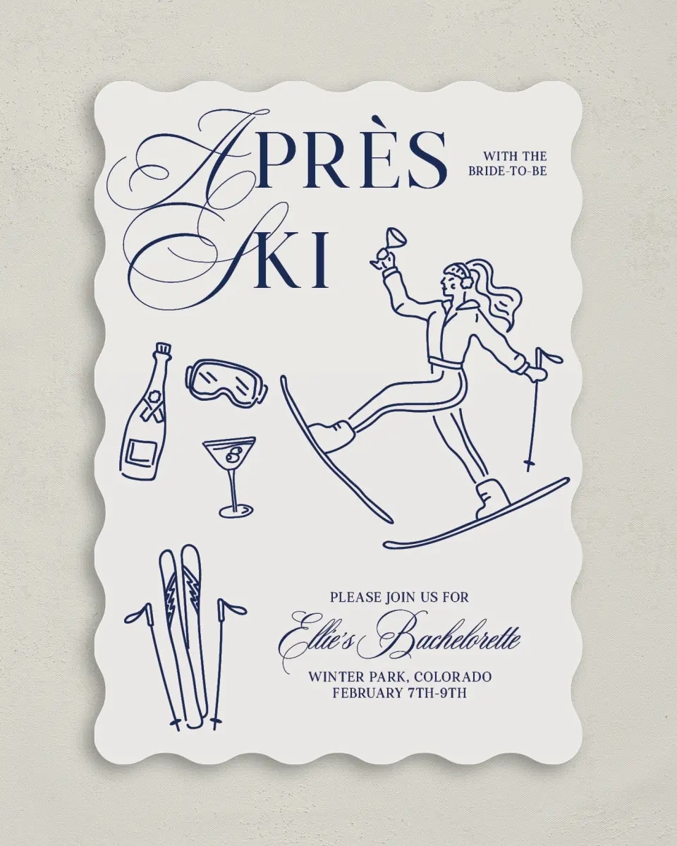 This is a 5" x 7" Bachelorette Party Invitation called Aprés Ski printed in full color on Premium Smooth paper