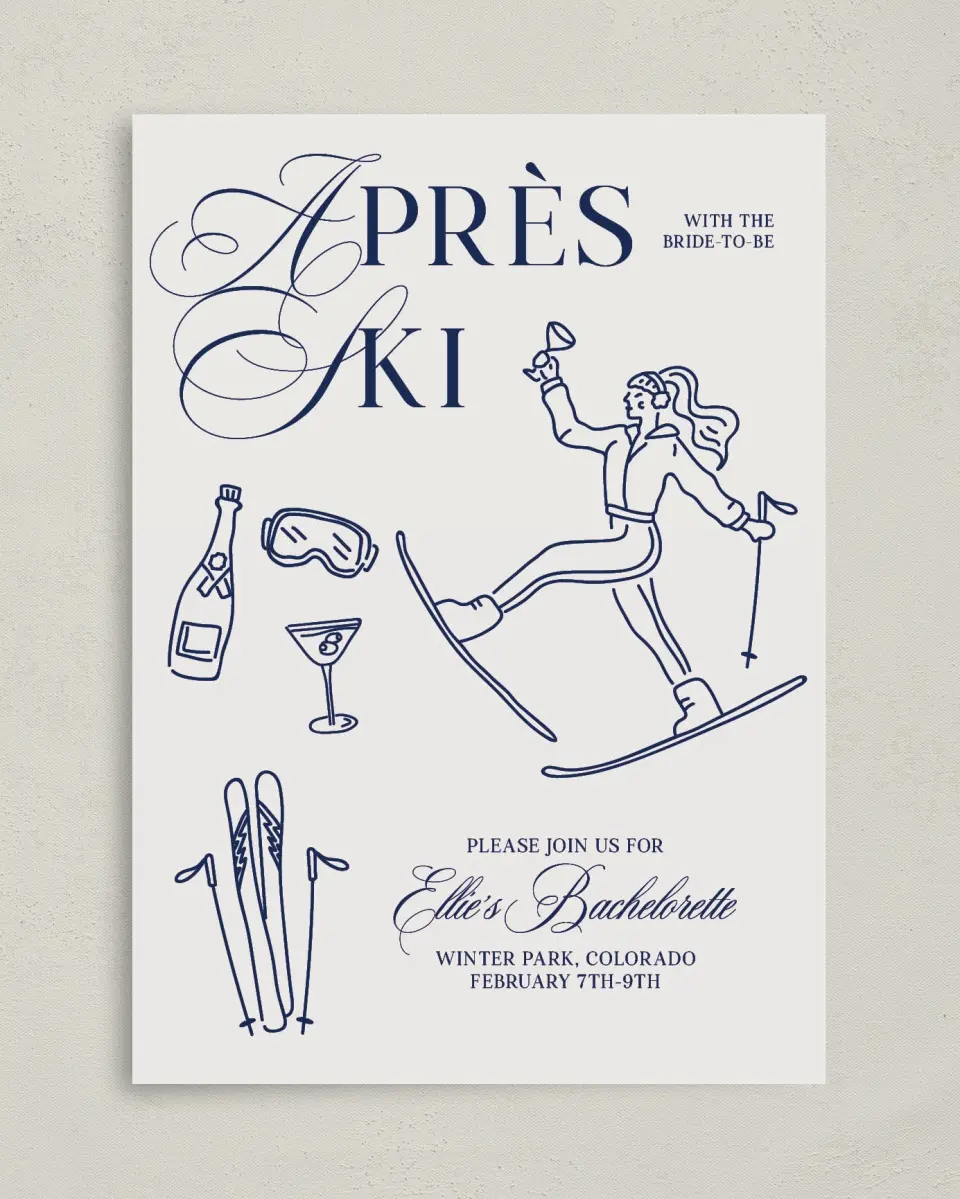 This is a 5" x 7" Bachelorette Party Invitation called Aprés Ski printed in full color on Premium Smooth paper