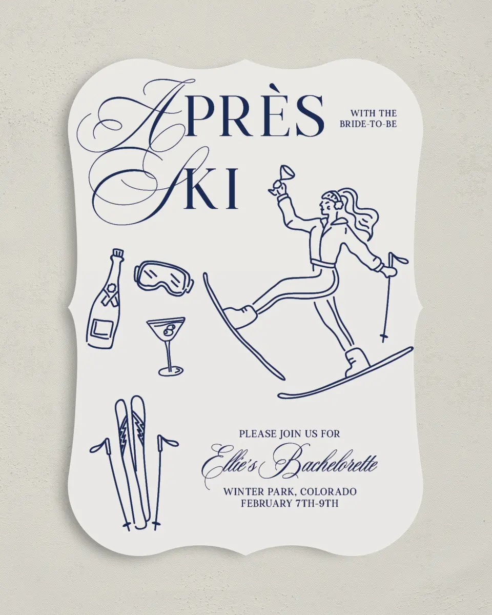 This is a 5" x 7" Bachelorette Party Invitation called Aprés Ski printed in full color on Premium Smooth paper
