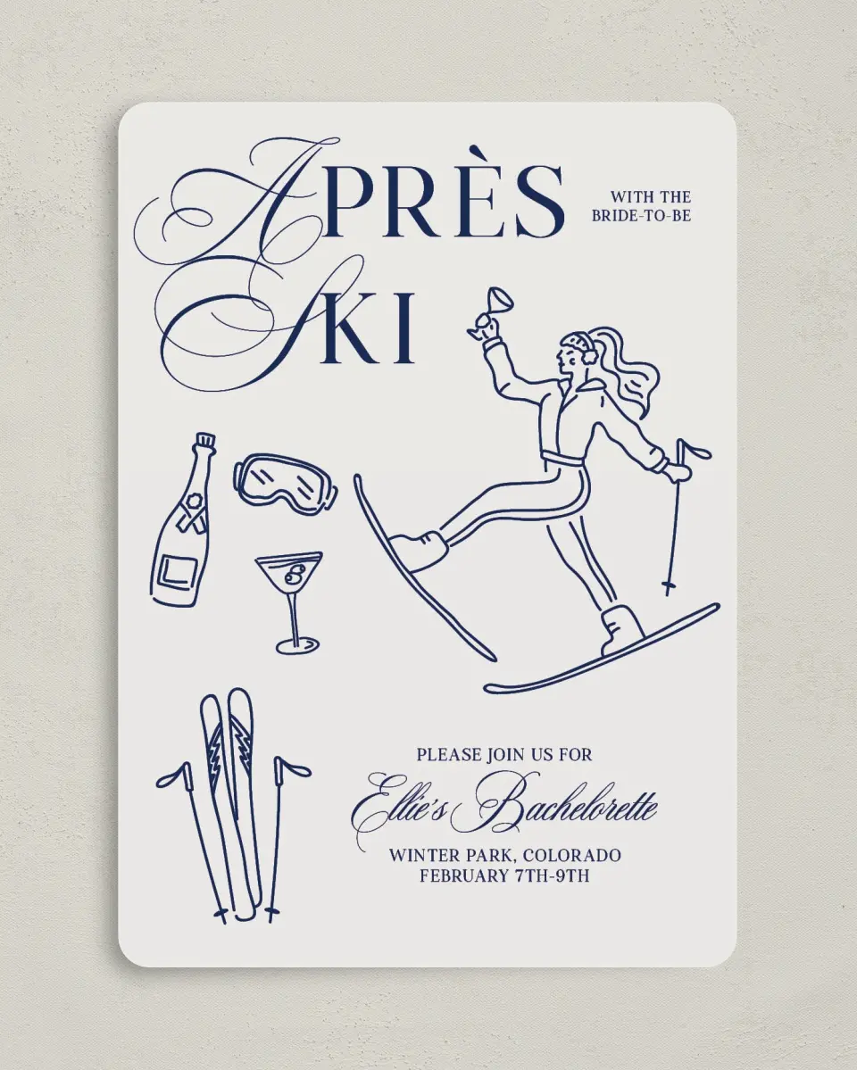 This is a 5" x 7" Bachelorette Party Invitation called Aprés Ski printed in full color on Premium Smooth paper