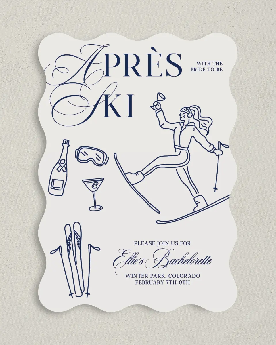 This is a 5" x 7" Bachelorette Party Invitation called Aprés Ski printed in full color on Premium Smooth paper