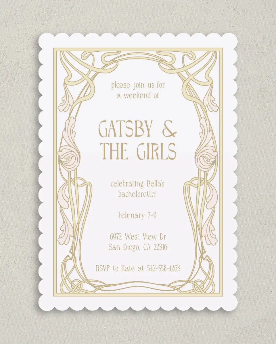 This is a 5" x 7" Bachelorette Party Invitation called Gatsby and The Girls printed in full color on Premium Smooth paper