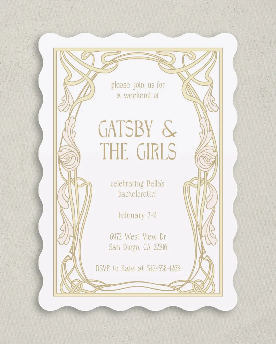 This is a 5" x 7" Bachelorette Party Invitation called Gatsby and The Girls printed in full color on Premium Smooth paper