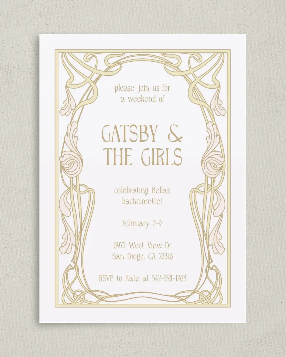 This is a 5" x 7" Bachelorette Party Invitation called Gatsby and The Girls printed in full color on Premium Smooth paper