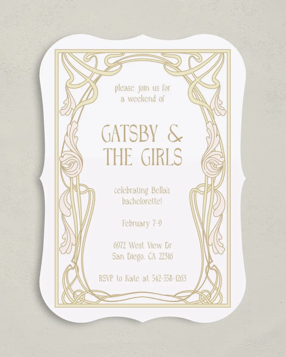 This is a 5" x 7" Bachelorette Party Invitation called Gatsby and The Girls printed in full color with Silver foil on Luxe Satin (coated) paper