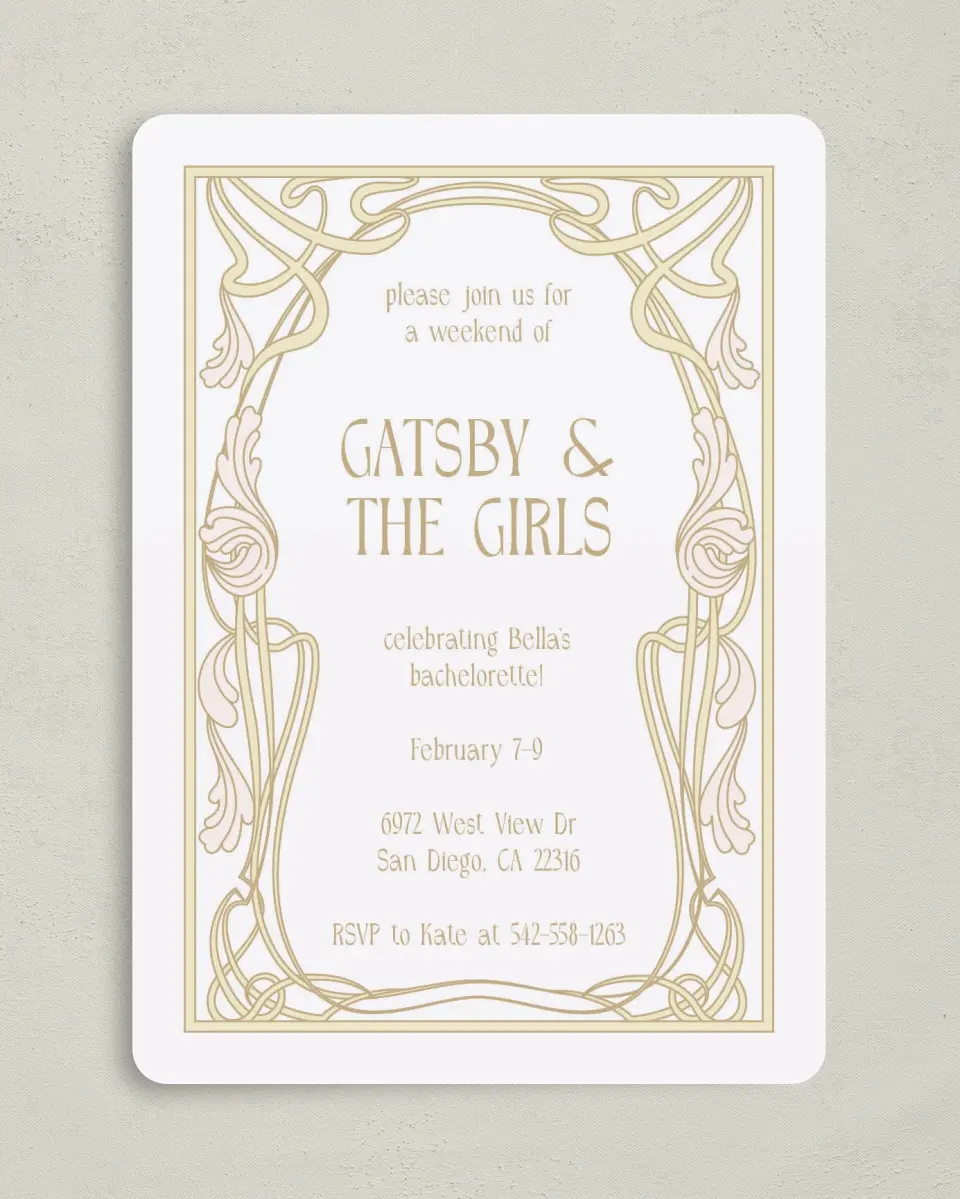 This is a 5" x 7" Bachelorette Party Invitation called Gatsby and The Girls printed in full color on Premium Smooth paper