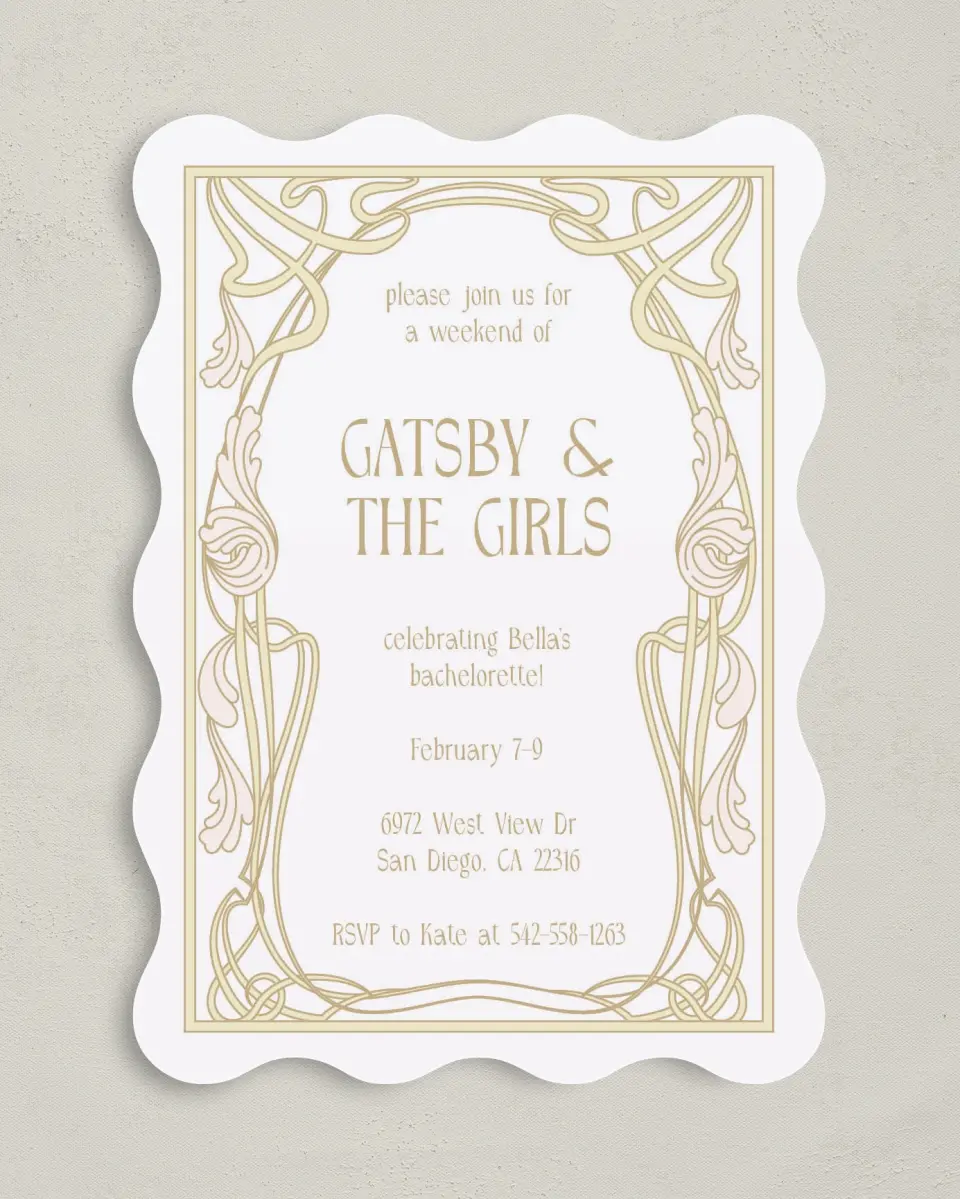 This is a 5" x 7" Bachelorette Party Invitation called Gatsby and The Girls printed in full color on Premium Smooth paper