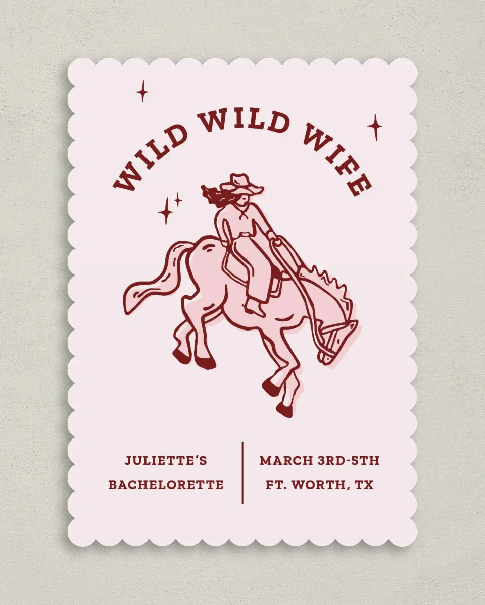 This is a 5" x 7" Bachelorette Party Invitation called Wild Wild Wife printed in full color on Premium Smooth paper