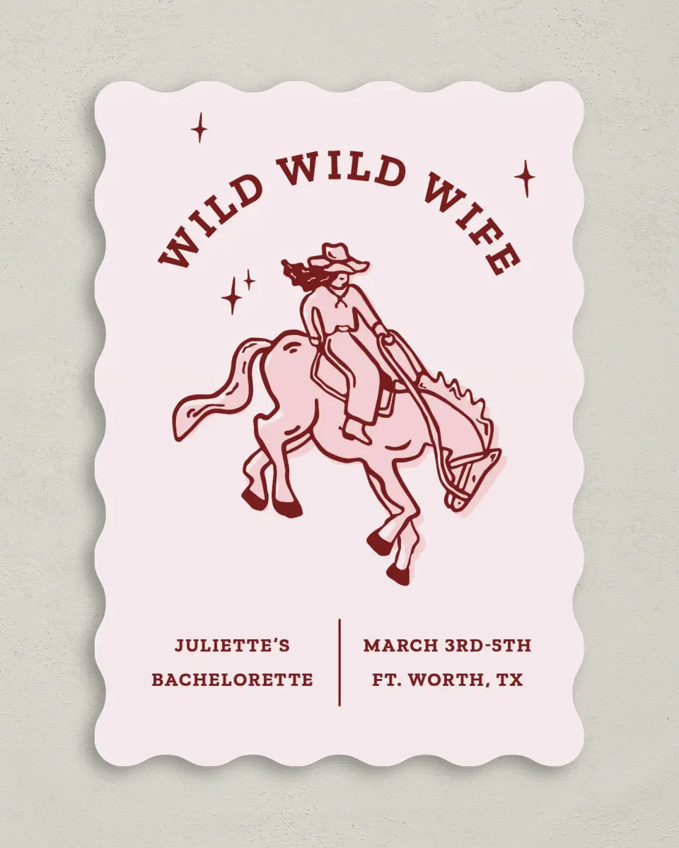 This is a 5" x 7" Bachelorette Party Invitation called Wild Wild Wife printed in full color on Premium Smooth paper