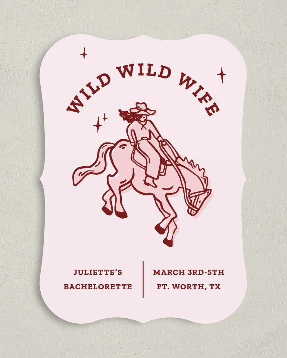 This is a 5" x 7" Bachelorette Party Invitation called Wild Wild Wife printed in full color with Gold foil on Luxe Satin (coated) paper