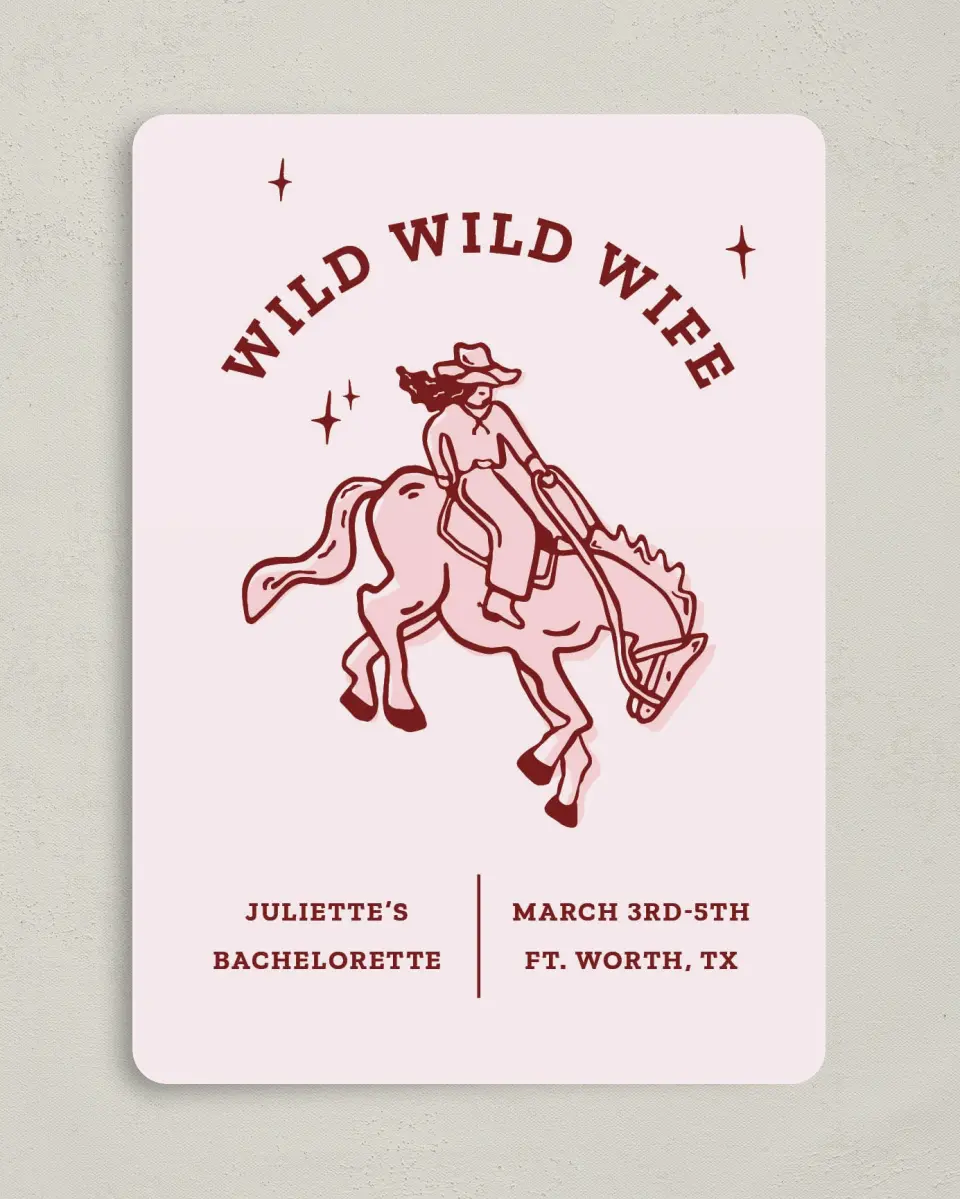 This is a 5" x 7" Bachelorette Party Invitation called Wild Wild Wife printed in full color on Premium Smooth paper