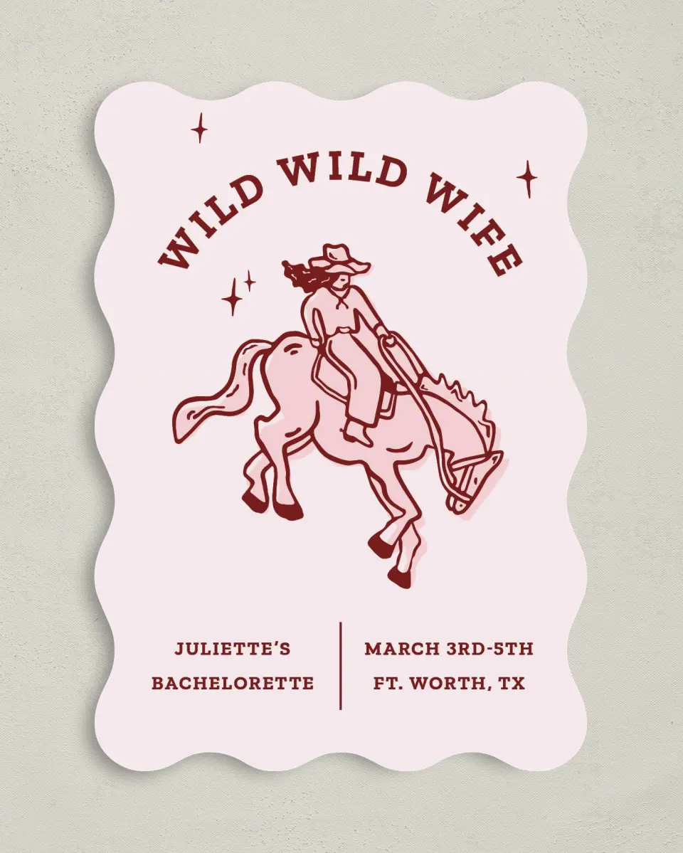 This is a 5" x 7" Bachelorette Party Invitation called Wild Wild Wife printed in full color on Premium Smooth paper