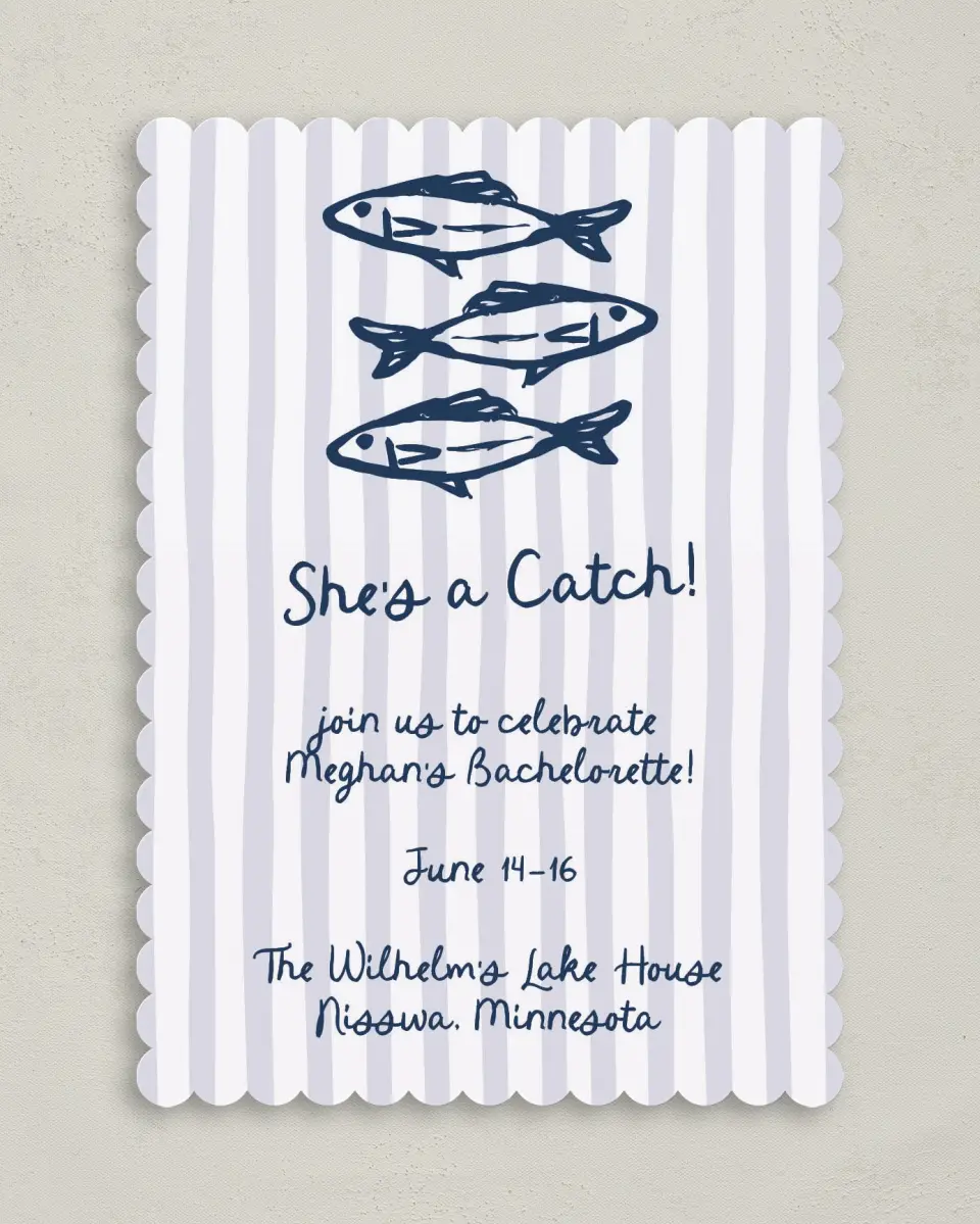 This is a 5" x 7" Bachelorette Party Invitation called She's a Catch printed in full color on Premium Smooth paper