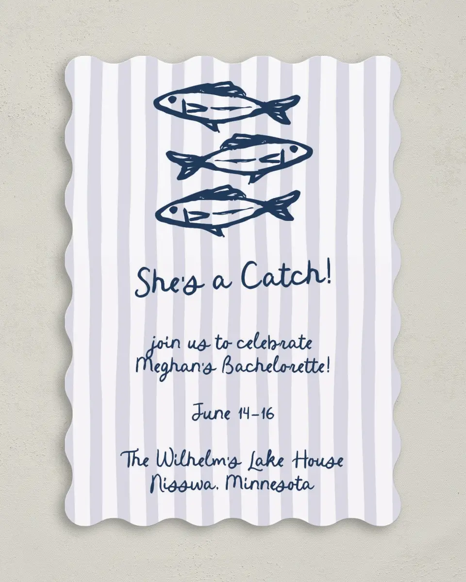 This is a 5" x 7" Bachelorette Party Invitation called She's a Catch printed in full color on Premium Smooth paper