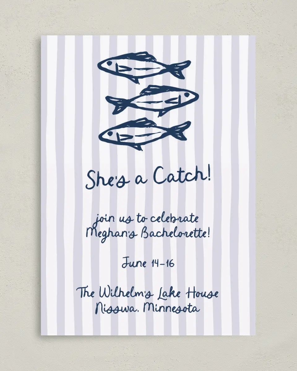 This is a 5" x 7" Bachelorette Party Invitation called She's a Catch printed in full color on Premium Smooth paper