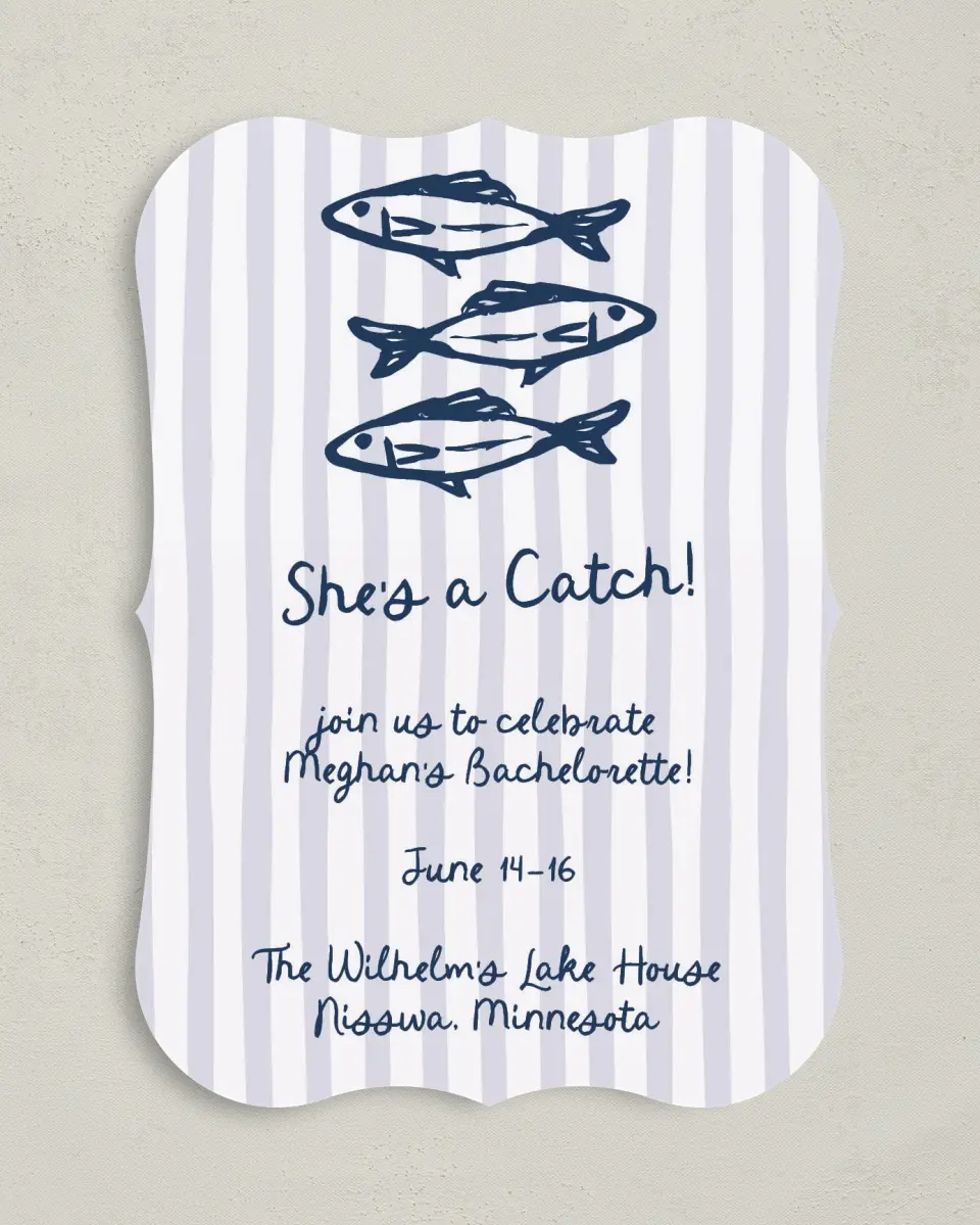 This is a 5" x 7" Bachelorette Party Invitation called She's a Catch printed in full color with Silver foil on Luxe Satin (coated) paper