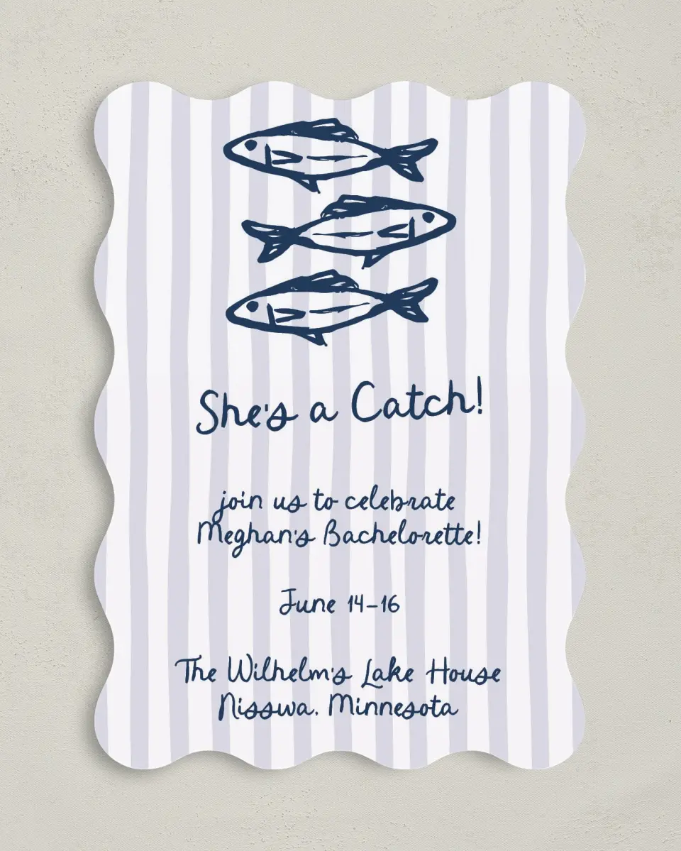 This is a 5" x 7" Bachelorette Party Invitation called She's a Catch printed in full color on Premium Smooth paper