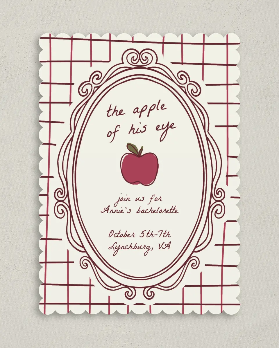 This is a 5" x 7" Bachelorette Party Invitation called Apple of His Eye printed in full color on Premium Smooth paper