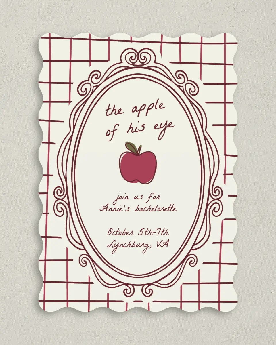 This is a 5" x 7" Bachelorette Party Invitation called Apple of His Eye printed in full color on Premium Smooth paper