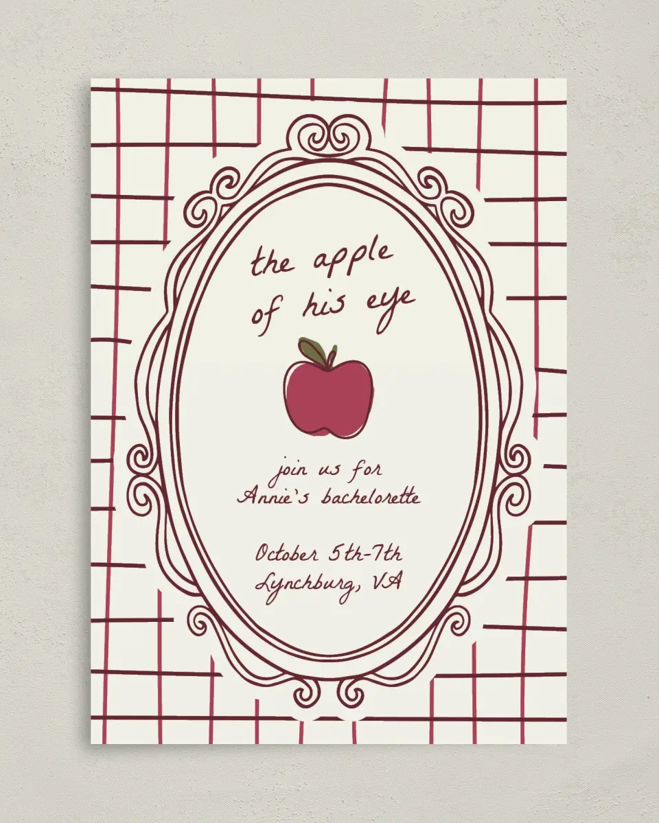 This is a 5" x 7" Bachelorette Party Invitation called Apple of His Eye printed in full color on Premium Smooth paper