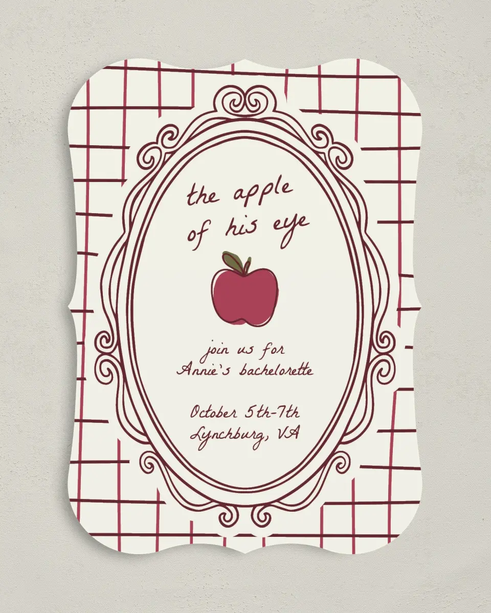 This is a 5" x 7" Bachelorette Party Invitation called Apple of His Eye printed in full color on Premium Smooth paper