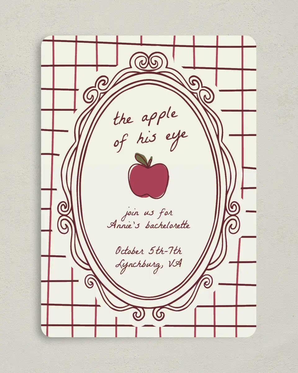 This is a 5" x 7" Bachelorette Party Invitation called Apple of His Eye printed in full color on Premium Smooth paper