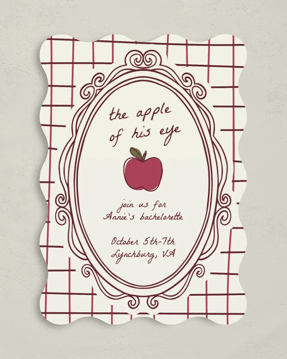 This is a 5" x 7" Bachelorette Party Invitation called Apple of His Eye printed in full color on Premium Smooth paper