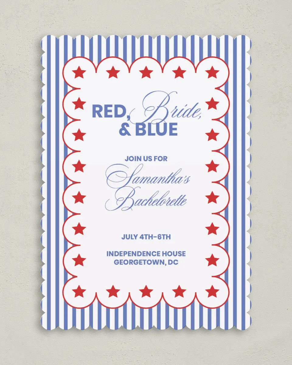 This is a 5" x 7" Bachelorette Party Invitation called Red, Bride, and Blue printed in full color on Premium Smooth paper