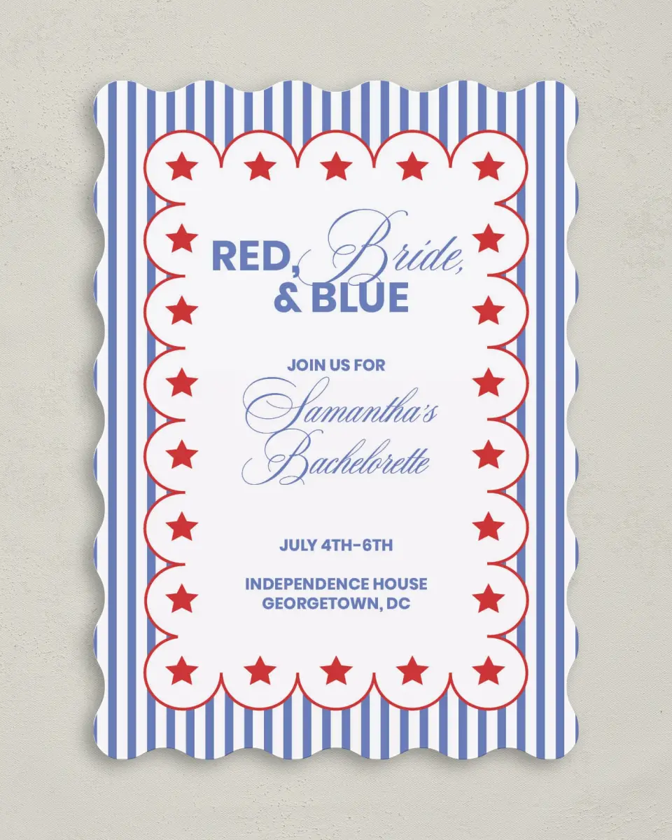 This is a 5" x 7" Bachelorette Party Invitation called Red, Bride, and Blue printed in full color on Premium Smooth paper