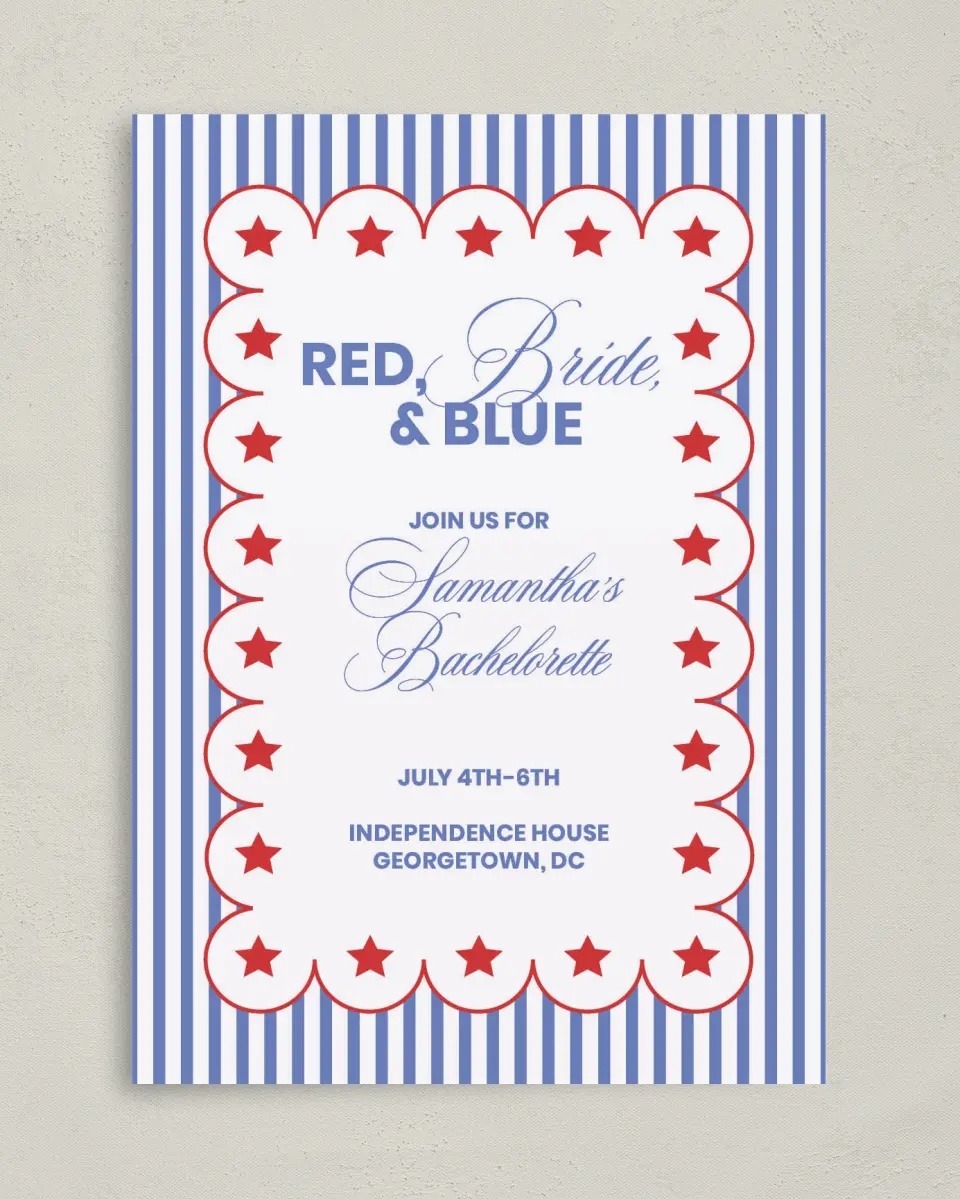 This is a 5" x 7" Bachelorette Party Invitation called Red, Bride, and Blue printed in full color on Premium Smooth paper