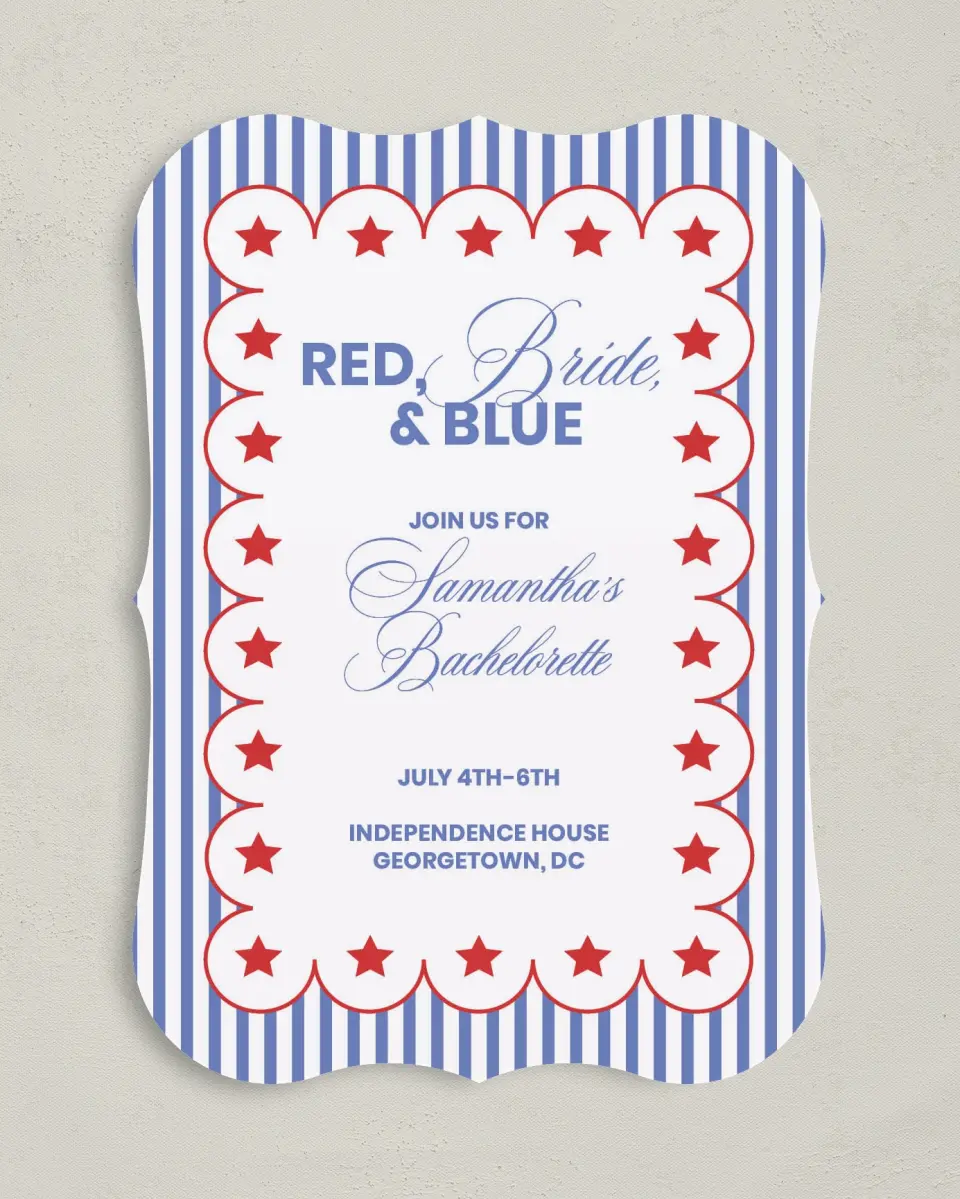 This is a 5" x 7" Bachelorette Party Invitation called Red, Bride, and Blue printed in full color with Silver foil on Luxe Satin (coated) paper