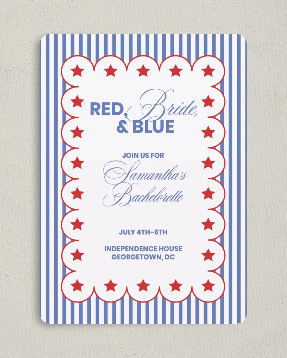 This is a 5" x 7" Bachelorette Party Invitation called Red, Bride, and Blue printed in full color on Premium Smooth paper