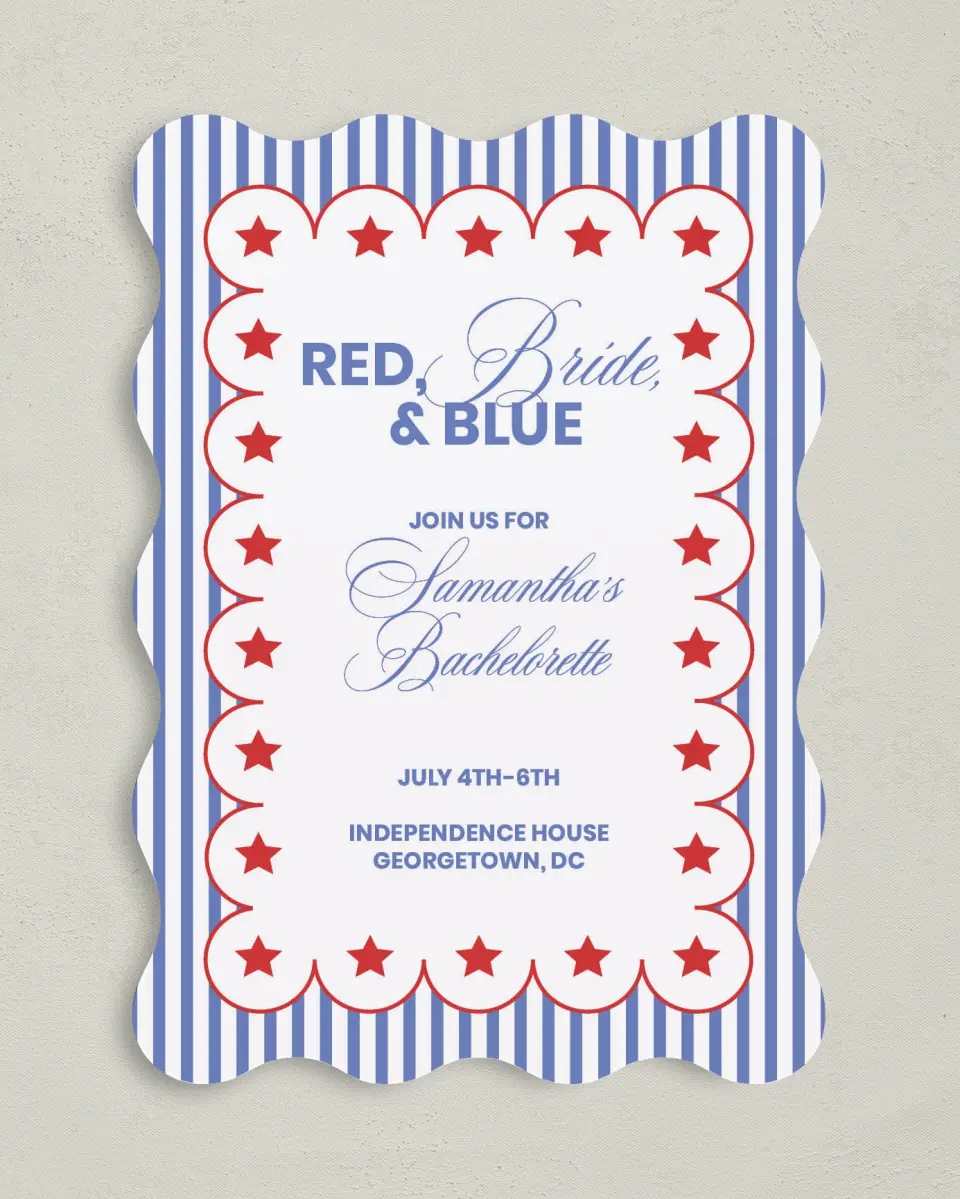This is a 5" x 7" Bachelorette Party Invitation called Red, Bride, and Blue printed in full color on Premium Smooth paper