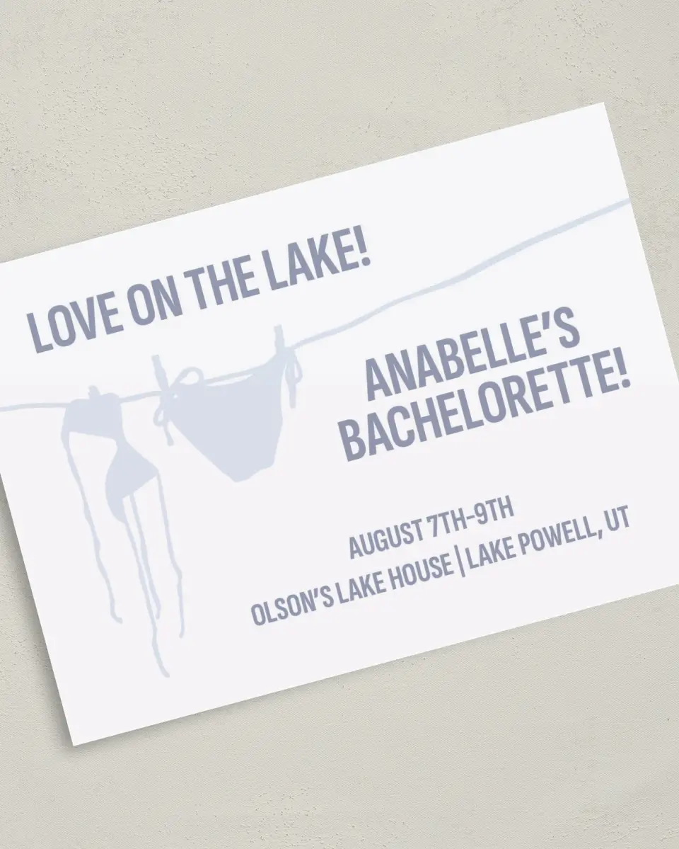 This is a 5" x 7" Bachelorette Party Invitation called Love on the Lake printed in full color on Premium Smooth paper