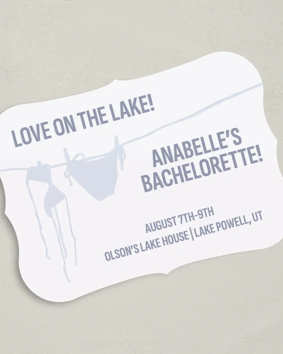 This is a 5" x 7" Bachelorette Party Invitation called Love on the Lake printed in full color on Premium Smooth paper