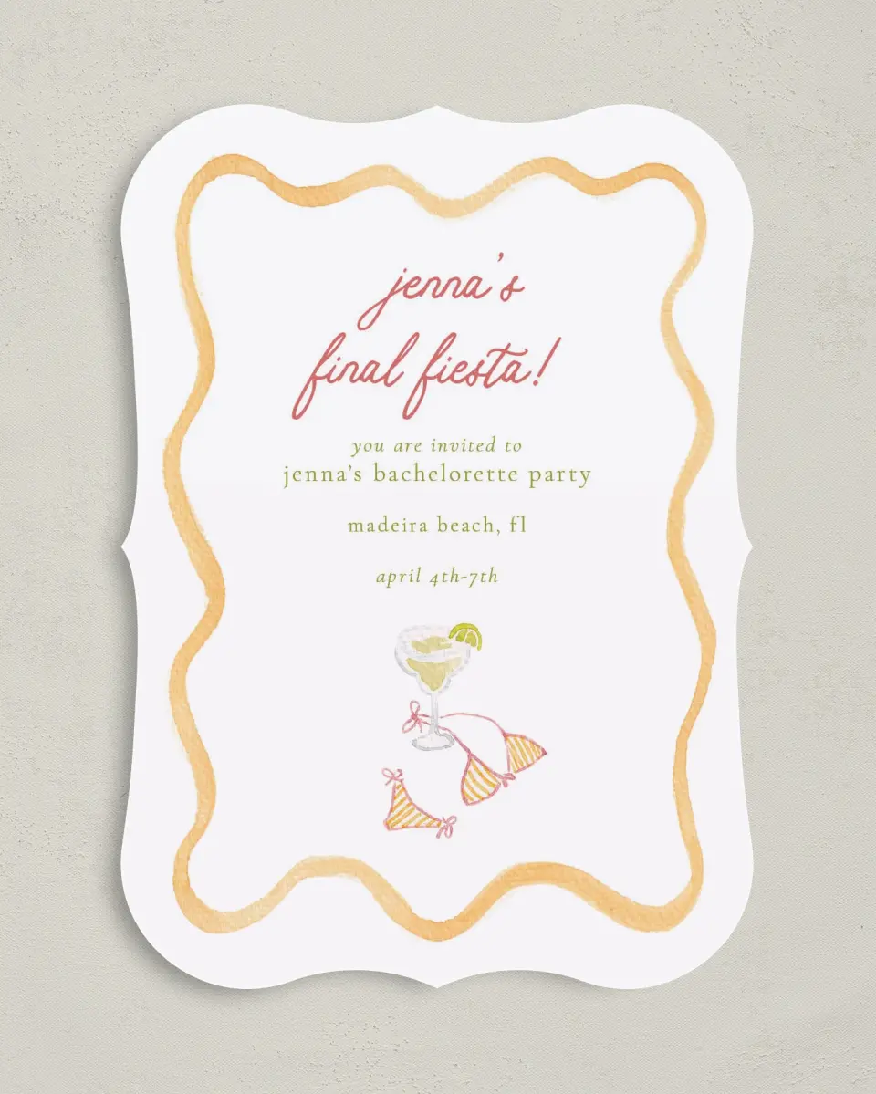 This is a 5" x 7" Bachelorette Party Invitation called Bride's Last Fiesta printed in full color with Gold foil on Luxe Satin (coated) paper