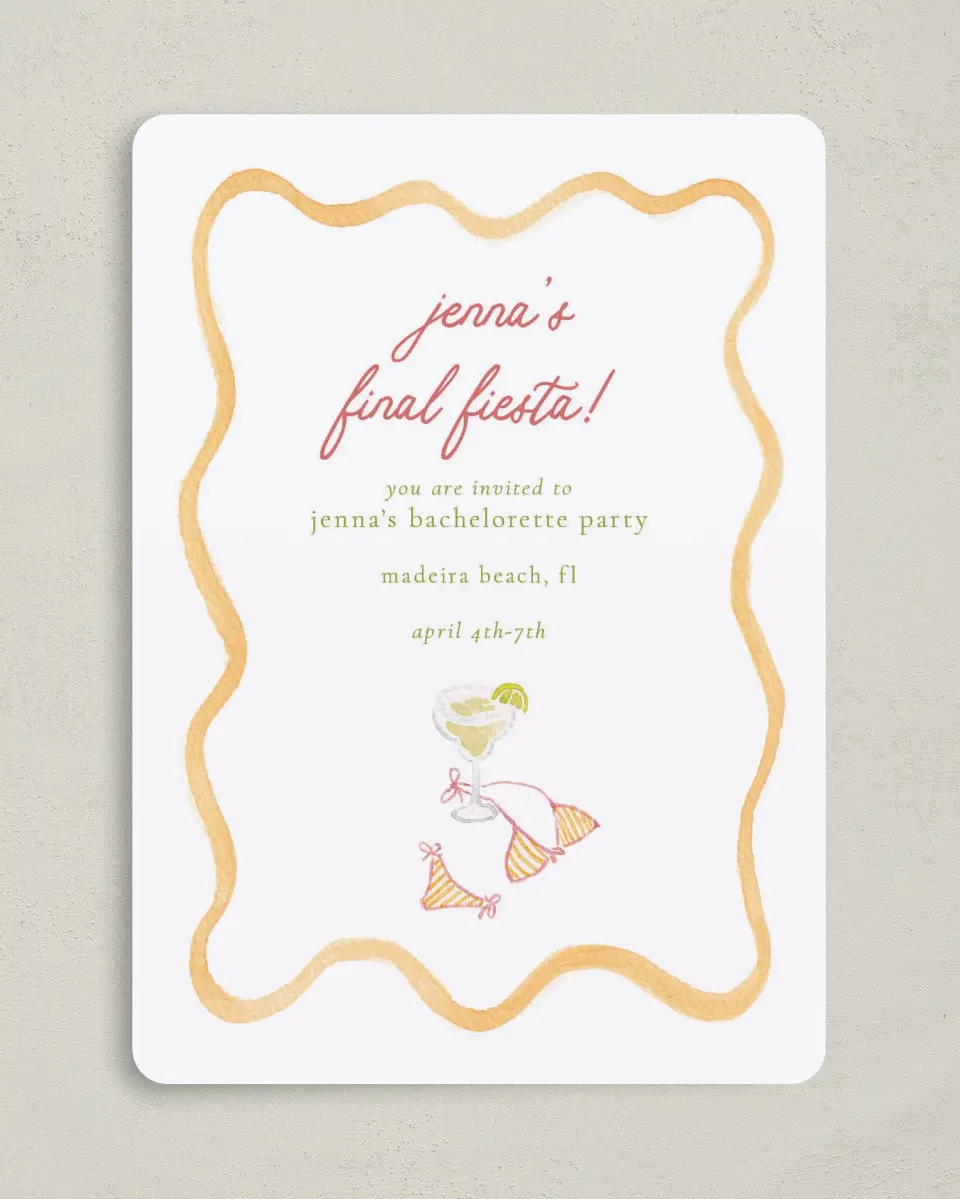 This is a 5" x 7" Bachelorette Party Invitation called Bride's Last Fiesta printed in full color on Premium Smooth paper